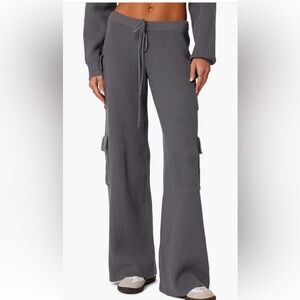 Gray Ribbed Knit Wide-Leg Pants